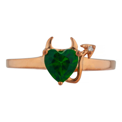 Emerald & Diamond Devil Heart Ring 14Kt Yellow Gold Rose Gold Silver