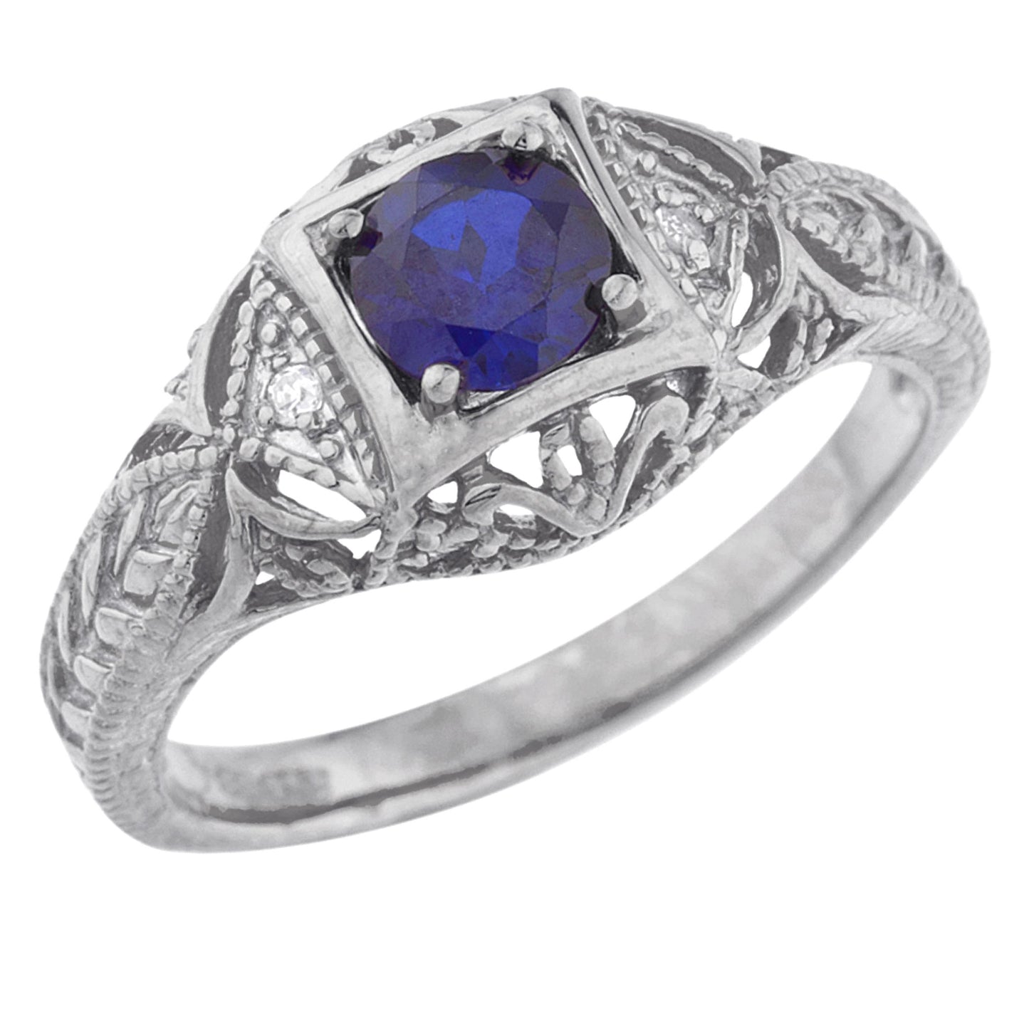 14Kt Gold Blue Sapphire & Diamond Design Round Ring