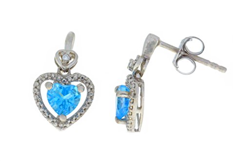 0.50 Carat Blue Topaz & White Sapphire Heart Dangle Stud Earrings .925 Sterling Silver