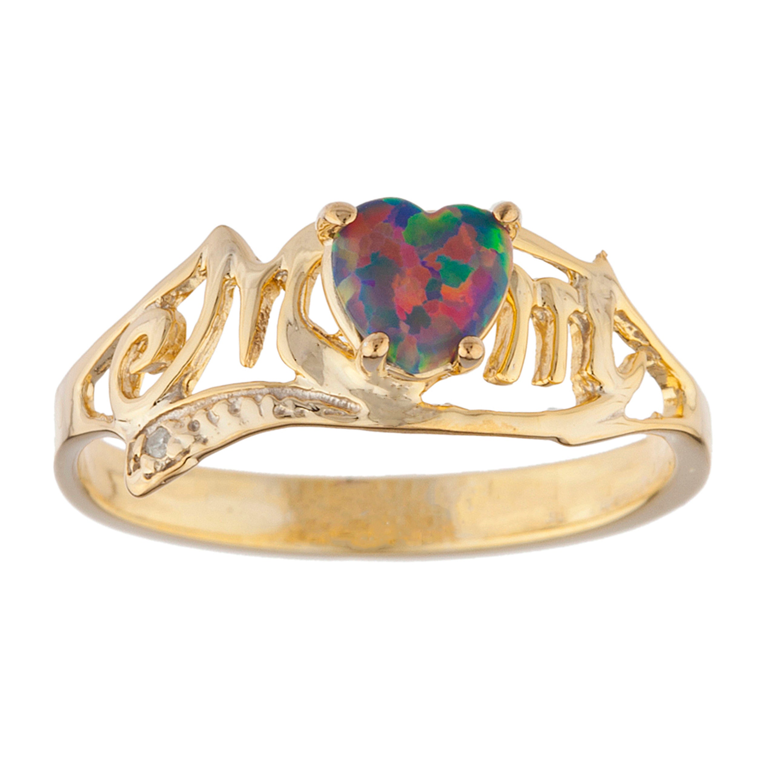 14Kt Gold Black Opal & Diamond Heart Mom Ring