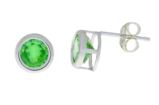 14Kt White Gold Green Sapphire Bezel Round Stud Earrings