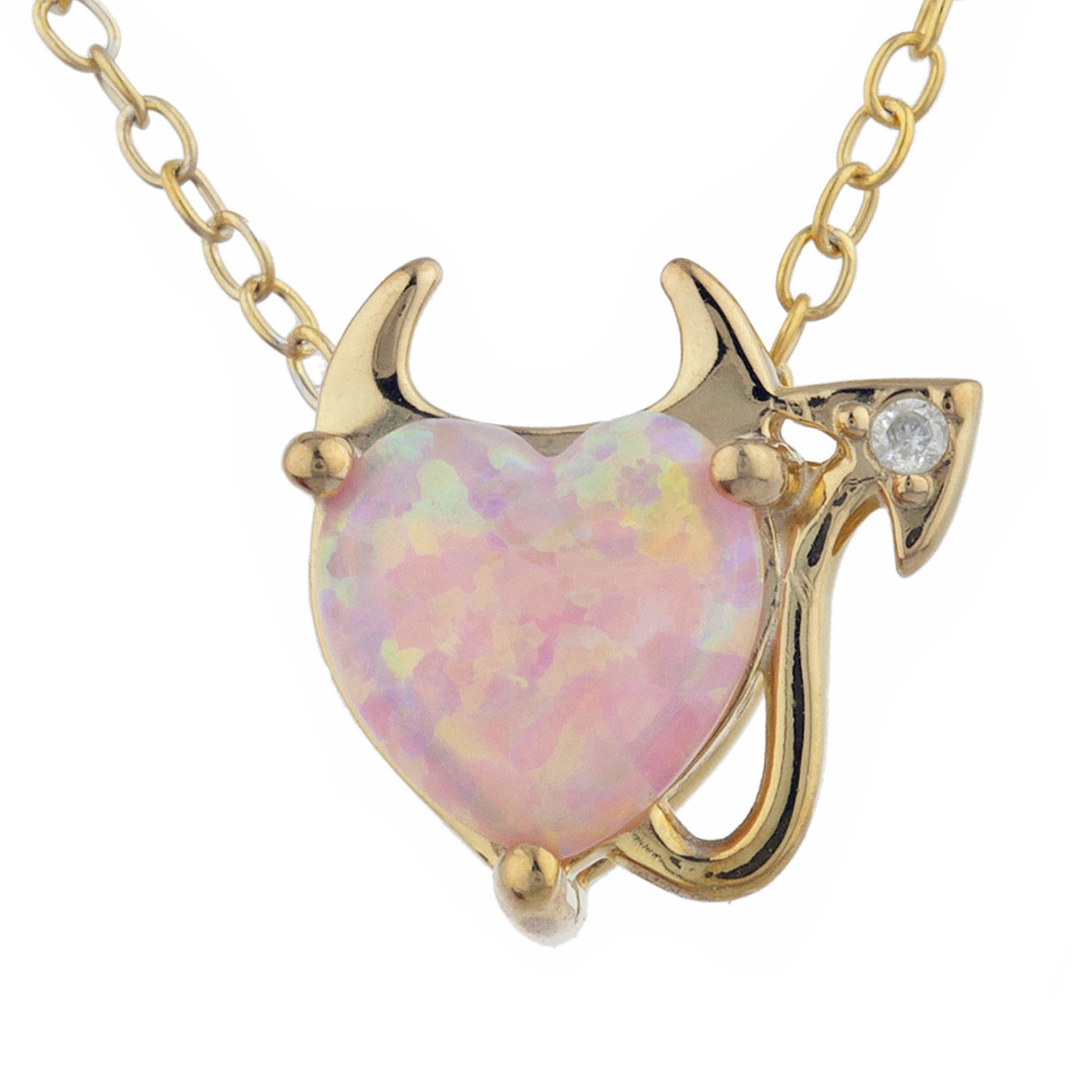 14Kt Gold Pink Opal & Diamond Devil Heart Pendant Necklace