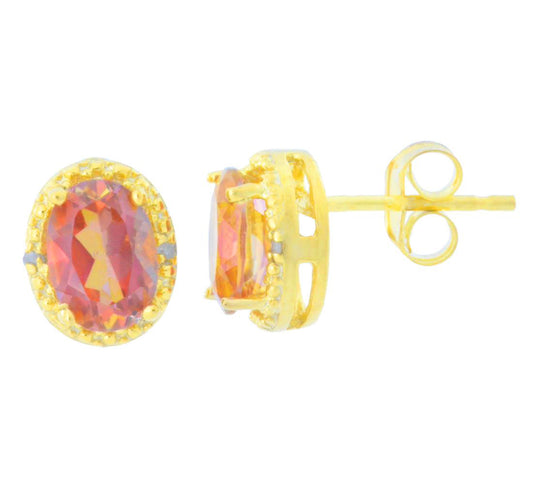 2 Ct Ecstasy Mystic Topaz & Diamond Oval Stud Earrings 14Kt Yellow Gold Plated