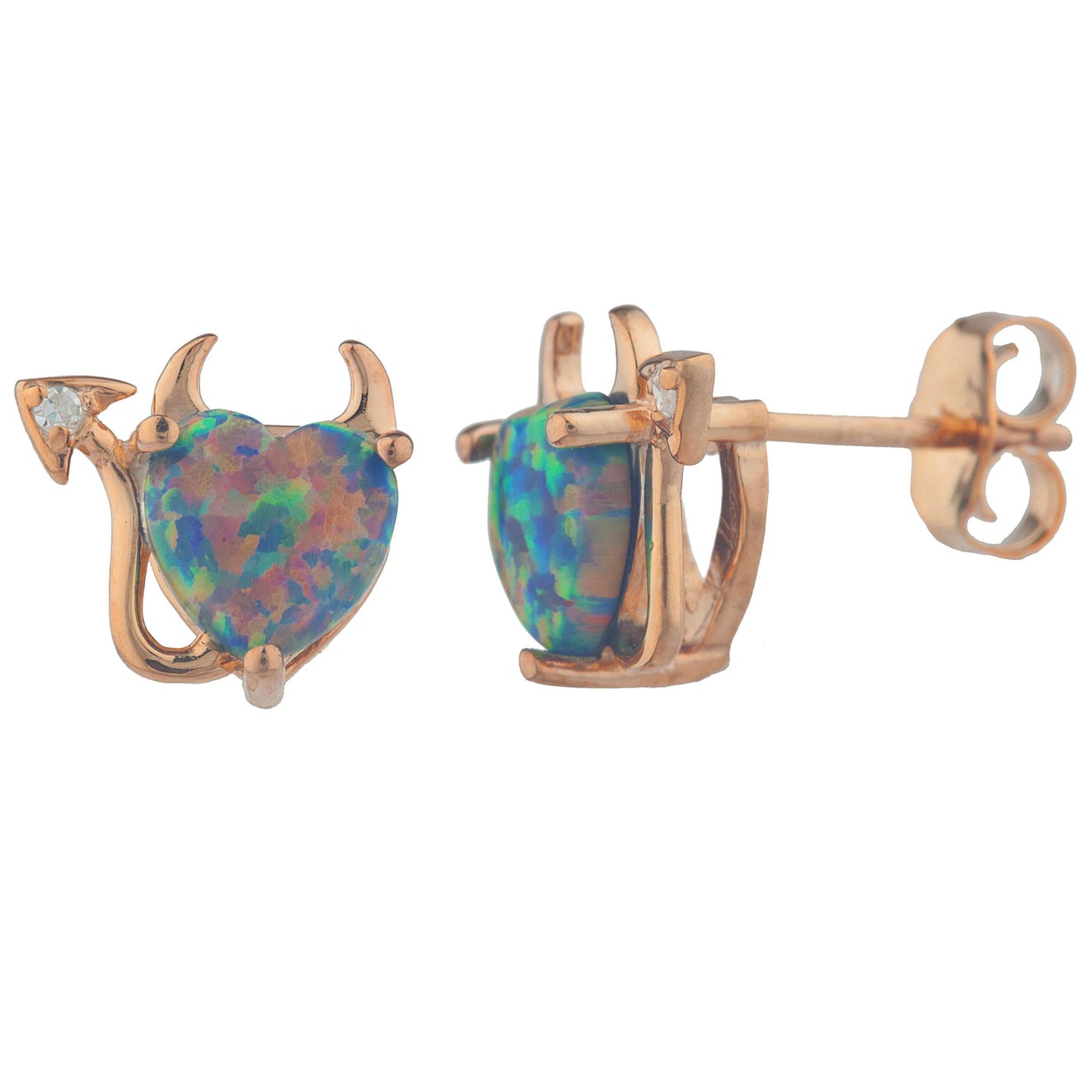 14Kt Gold Black Opal & Diamond Devil Heart Stud Earrings