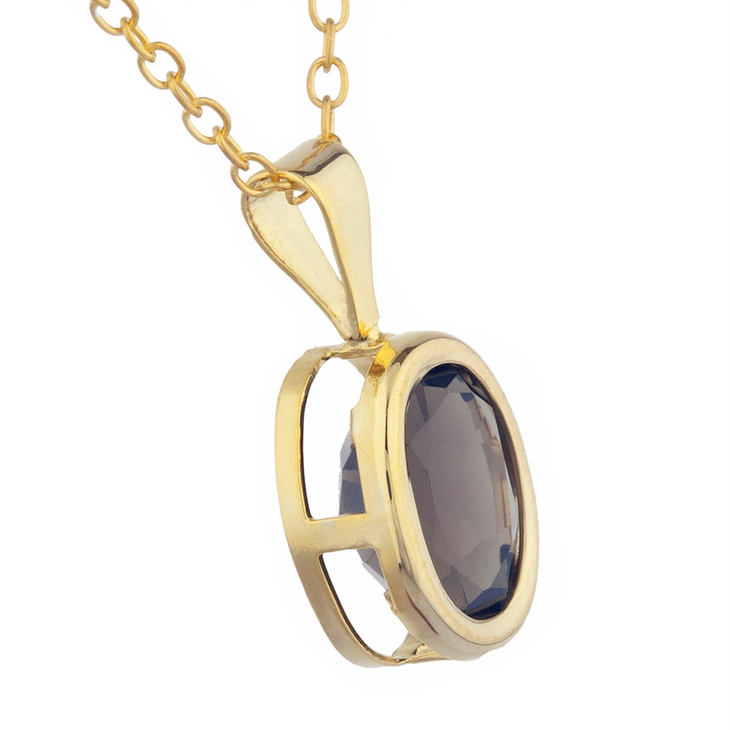 14Kt Gold Genuine Smoky Topaz Oval Bezel Pendant Necklace