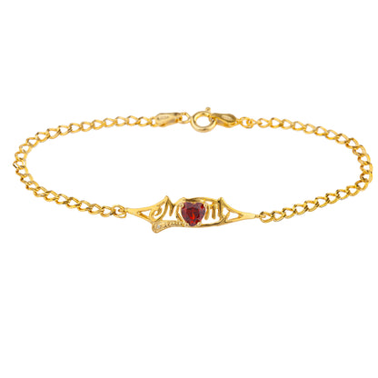 Garnet & Diamond Heart Mom Bracelet 14Kt Yellow Gold Plated Over .925 Sterling Silver