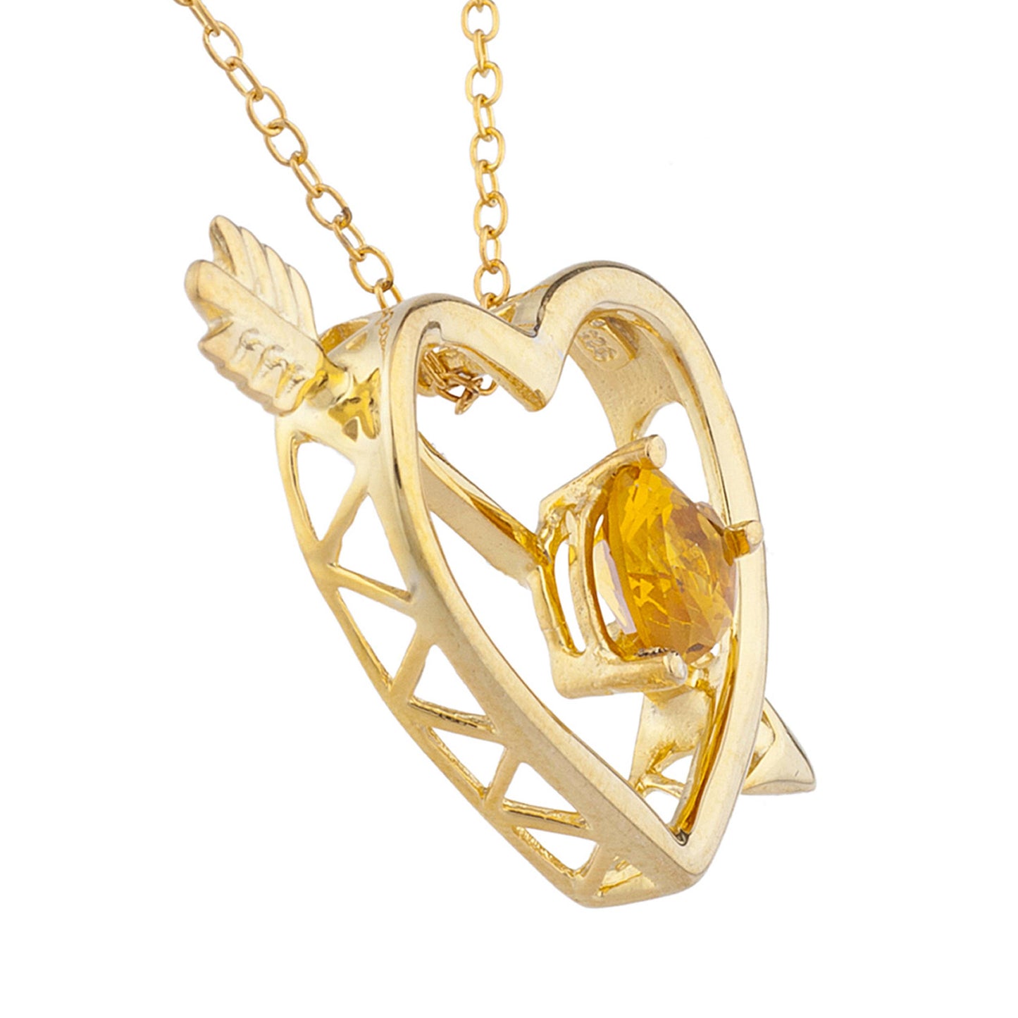 14Kt Gold Yellow Citrine Heart Bow & Arrow Pendant Necklace