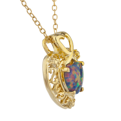 14Kt Gold Black Opal Heart Design Pendant Necklace