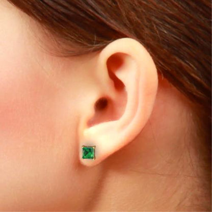 14Kt Yellow Gold Emerald Princess Cut Stud Earrings