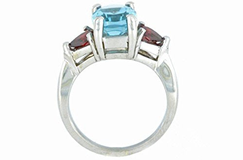 4 Ct Aquamarine Oval & Garnet Heart Ring .925 Sterling Silver Rhodium Finish