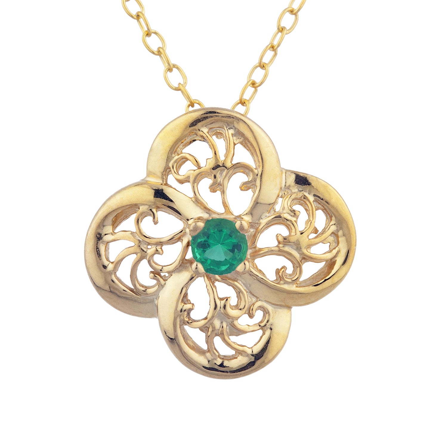 14Kt Gold Emerald Clover Design Pendant Necklace