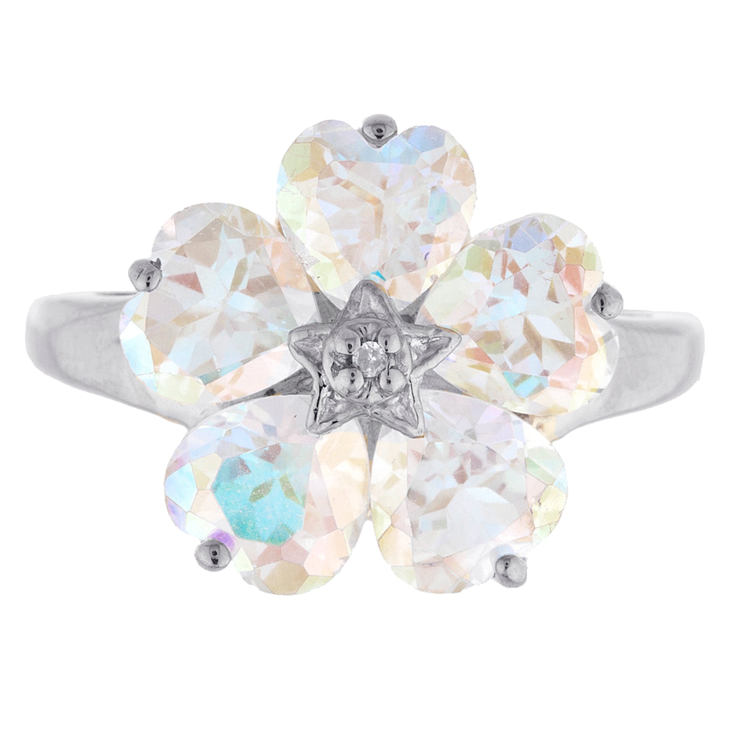 14Kt Gold Natural Mercury Mist Mystic Topaz & Diamond Heart Flower Design Ring