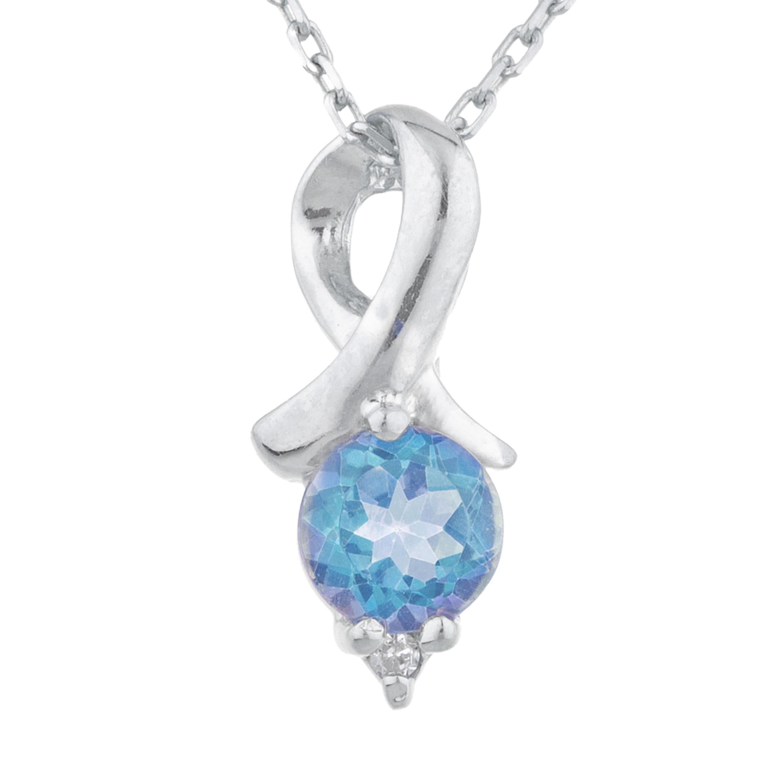 14Kt Gold Natural Blue Mystic Topaz & Diamond Round Design Pendant Necklace