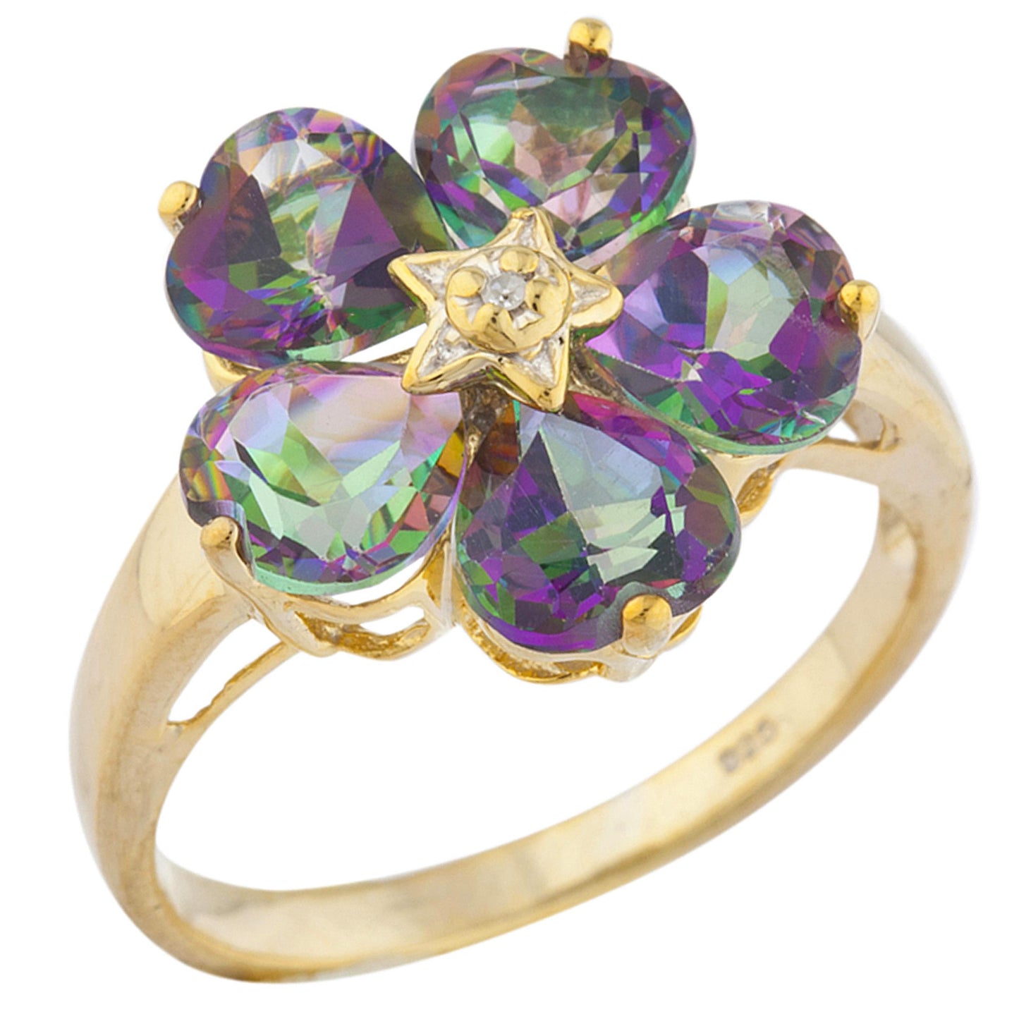 14Kt Gold Natural Mystic Topaz & Diamond Heart Flower Design Ring