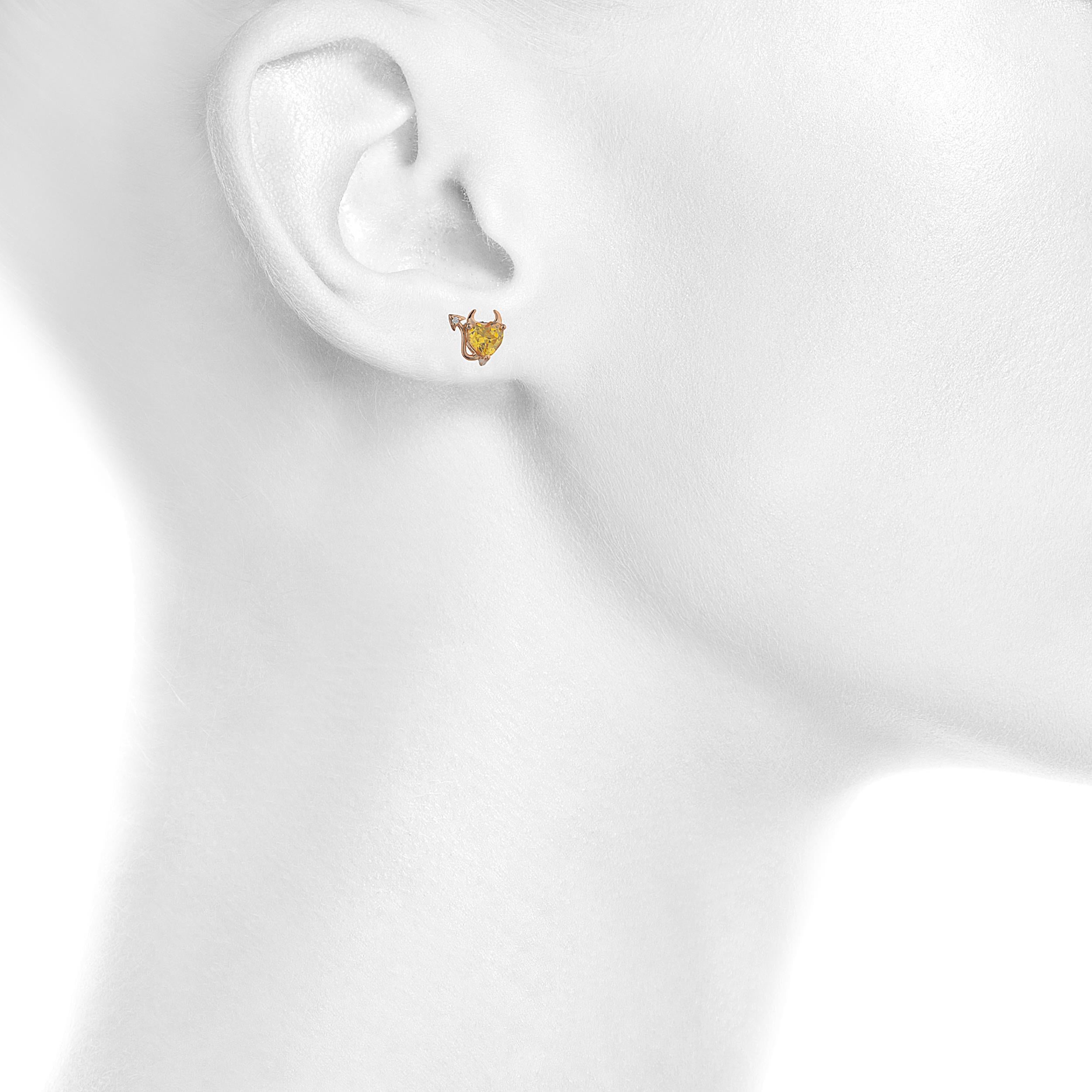 14Kt Gold Yellow Citrine & Diamond Devil Heart Stud Earrings