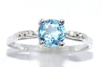 1 Ct Blue Topaz & Diamond Round Ring .925 Sterling Silver Rhodium Finish