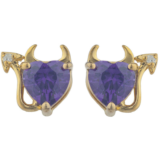 Amethyst & Diamond Devil Heart Stud Earrings 14Kt Yellow Gold Plated