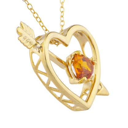 14Kt Gold Orange Citrine Heart Bow & Arrow Pendant Necklace