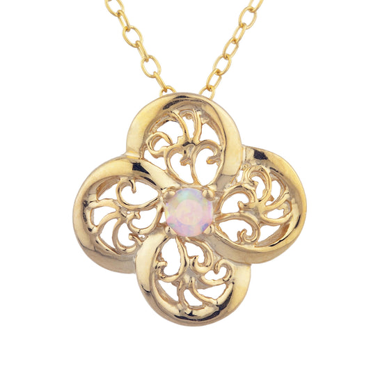 14Kt Gold Pink Opal Clover Design Pendant Necklace