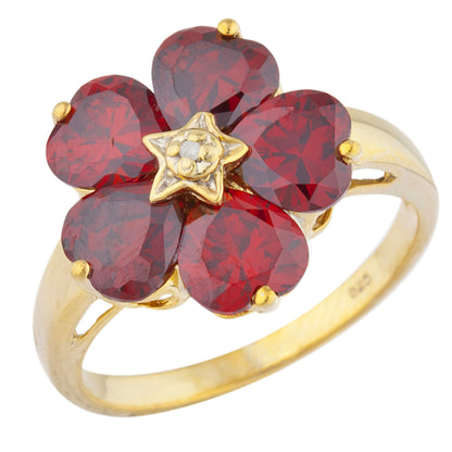 14Kt Gold Garnet & Diamond Heart Flower Design Ring