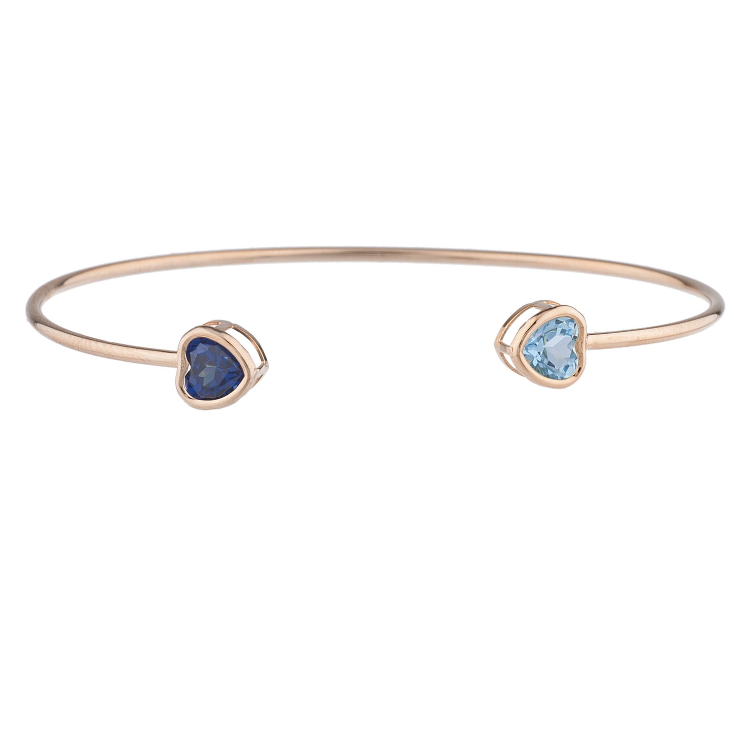 Created Blue Sapphire & Blue Topaz Heart Bezel Bangle Bracelet 14Kt Rose Gold Plated Over .925 Sterling Silver