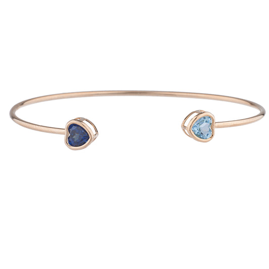 Created Blue Sapphire & Blue Topaz Heart Bezel Bangle Bracelet 14Kt Rose Gold Plated Over .925 Sterling Silver