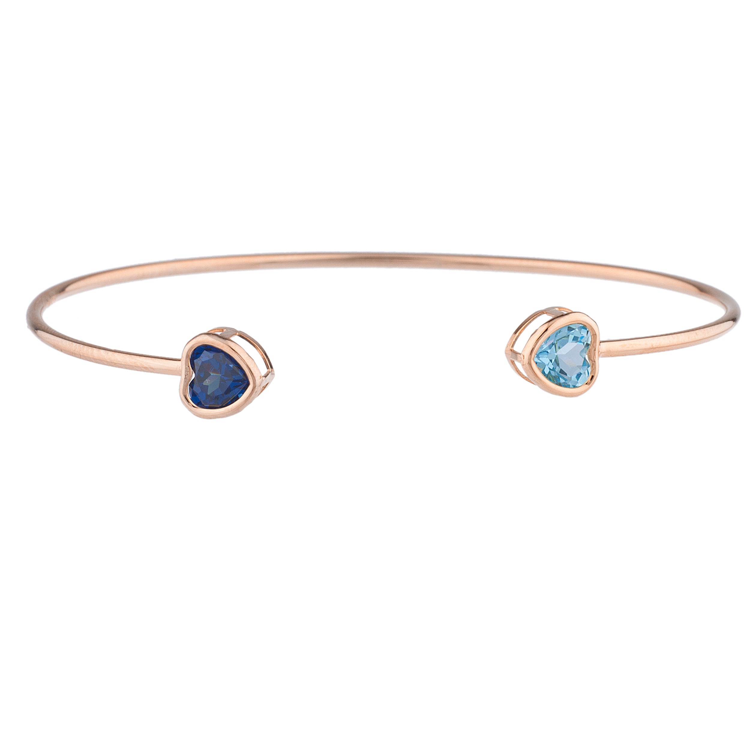 Created Blue Sapphire & Blue Topaz Heart Bezel Bangle Bracelet 14Kt Rose Gold Plated Over .925 Sterling Silver