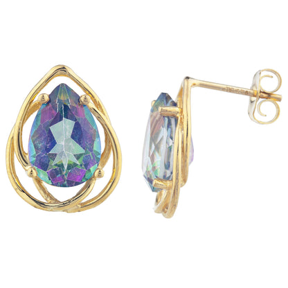 14Kt Gold 4 Ct Natural Mystic Topaz Pear Teardrop Design Stud Earrings