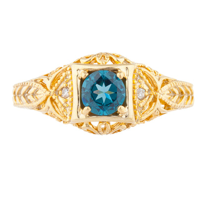 14Kt Gold London Blue Topaz & Diamond Design Round Ring