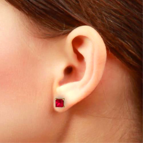 14Kt Yellow Gold Created Ruby Princess Cut Stud Earrings