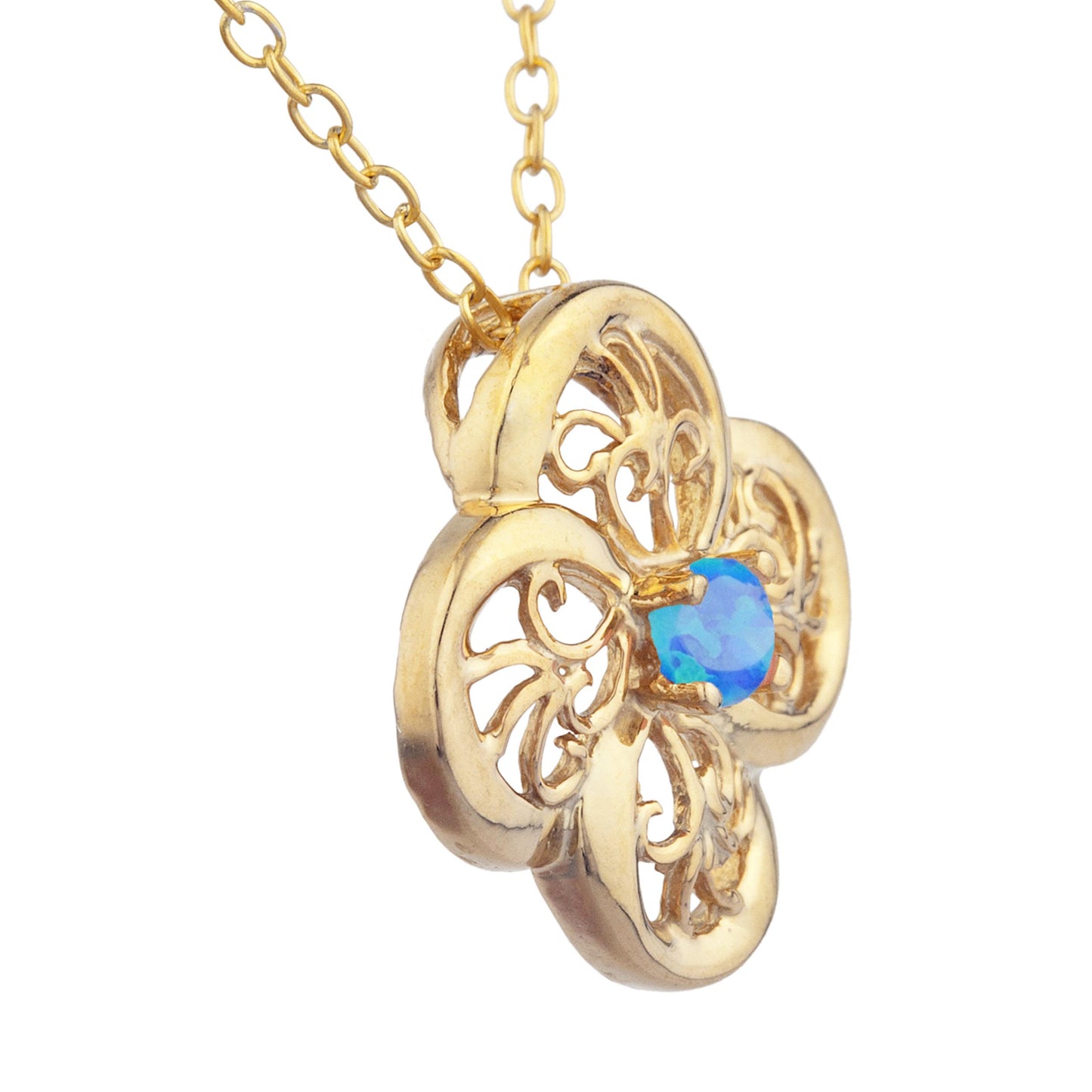 14Kt Gold Blue Opal Clover Design Pendant Necklace