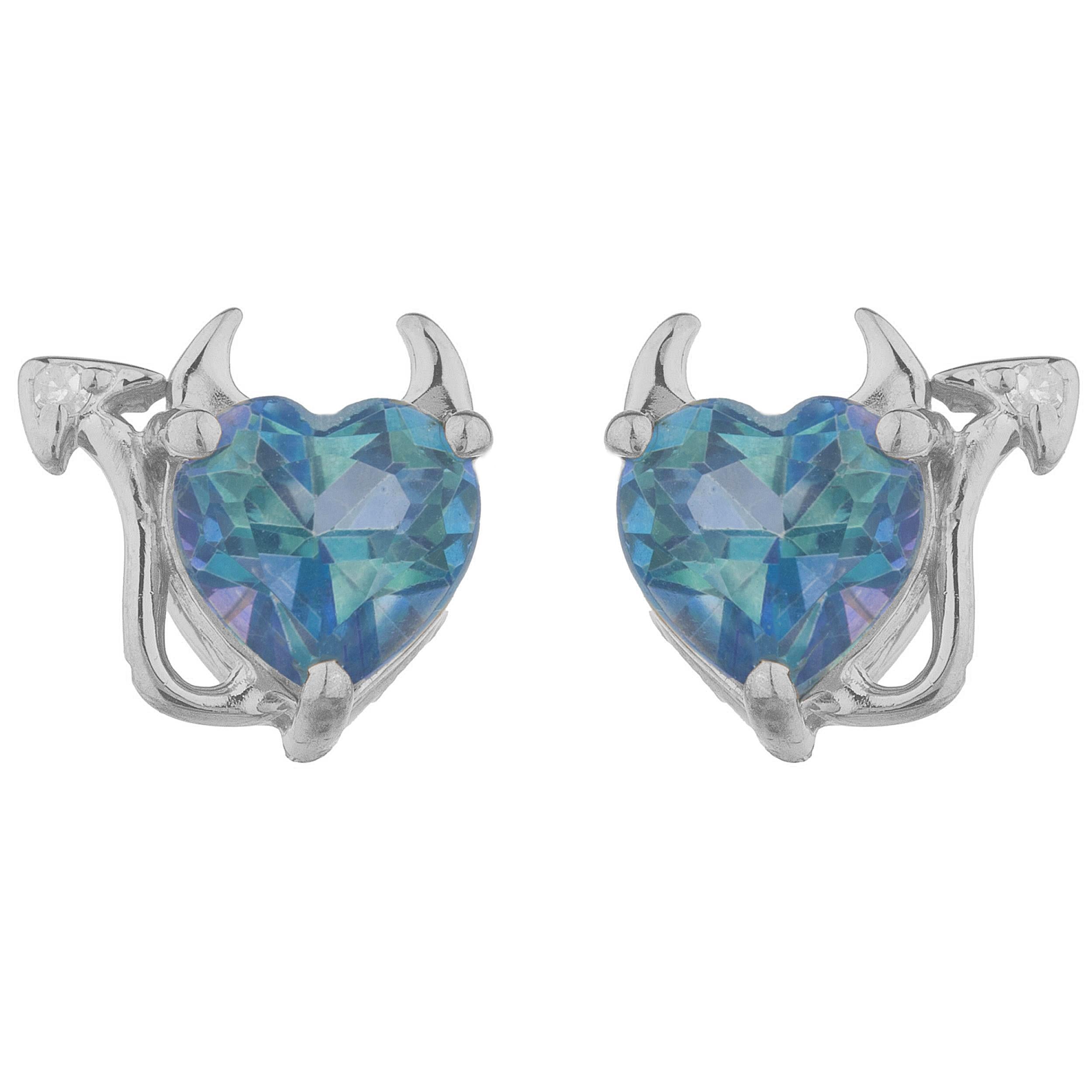 14Kt Gold Natural Blue Mystic Topaz & Diamond Devil Heart Stud Earrings