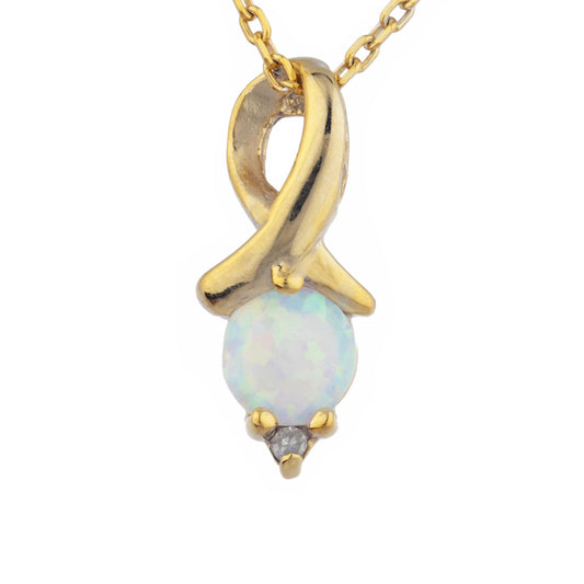 14Kt Gold Opal & Diamond Round Design Pendant Necklace