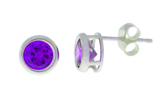 14Kt White Gold Amethyst Bezel Round Stud Earrings