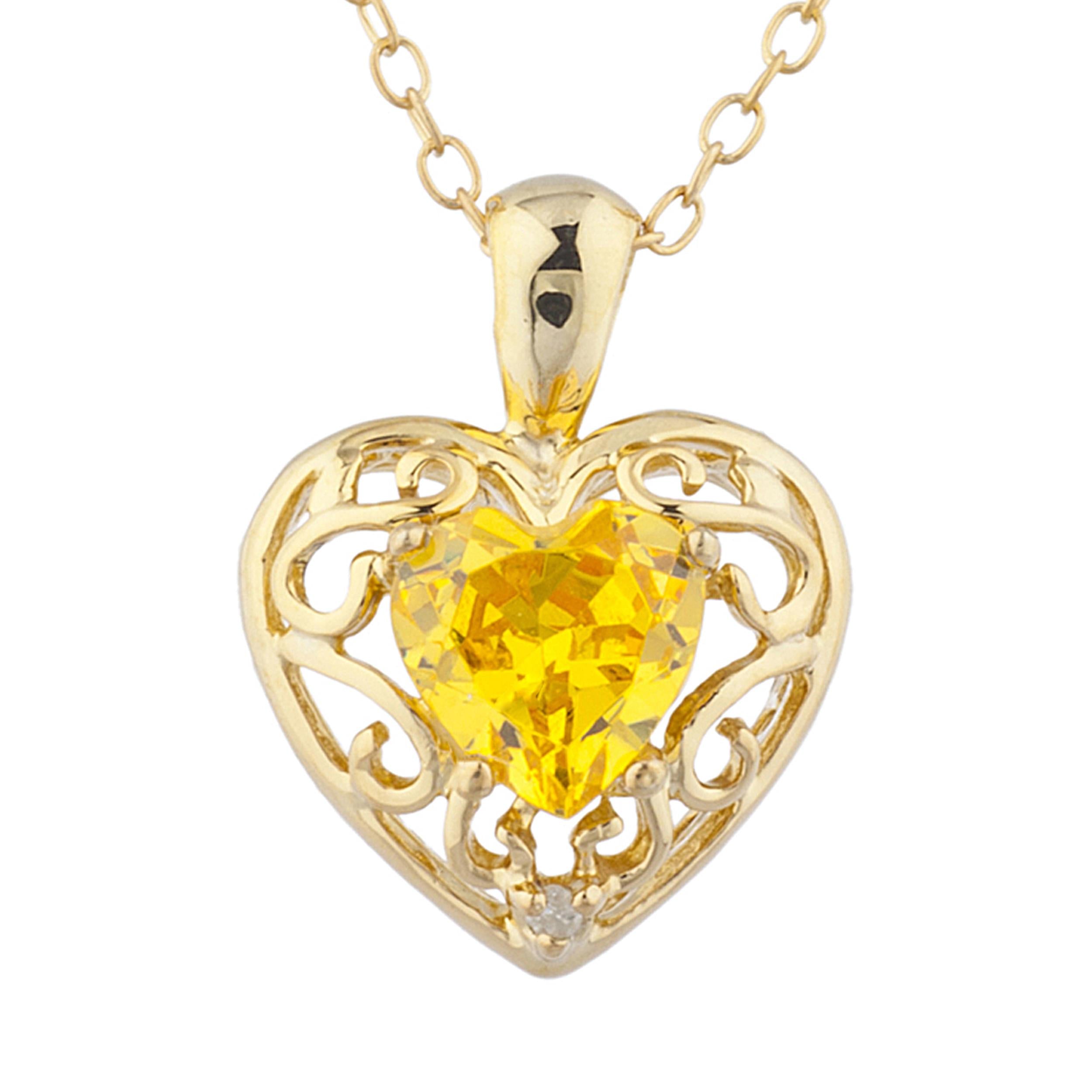 14Kt Gold Yellow Citrine & Diamond Heart LOVE ENGRAVED Pendant Necklace