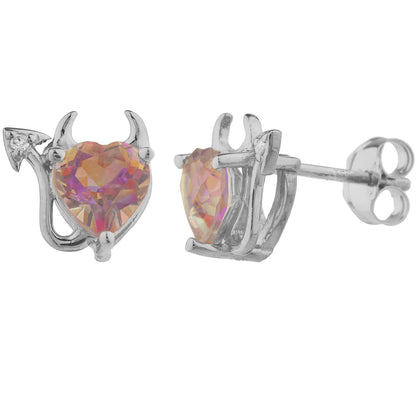 Natural Ecstasy Mystic Topaz & Diamond Devil Heart Stud Earrings .925 Sterling Silver