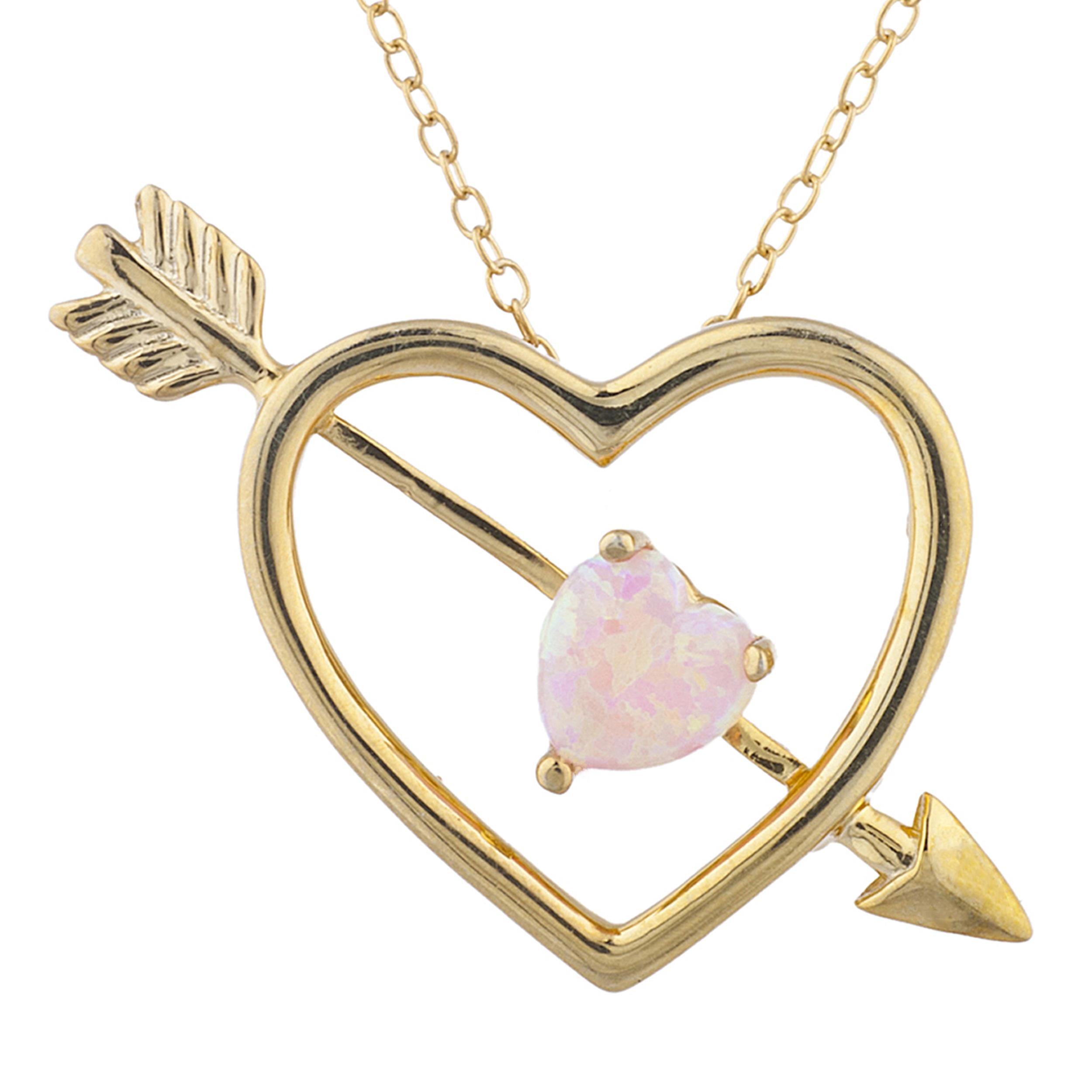 14Kt Gold Pink Opal Heart Bow & Arrow Pendant Necklace