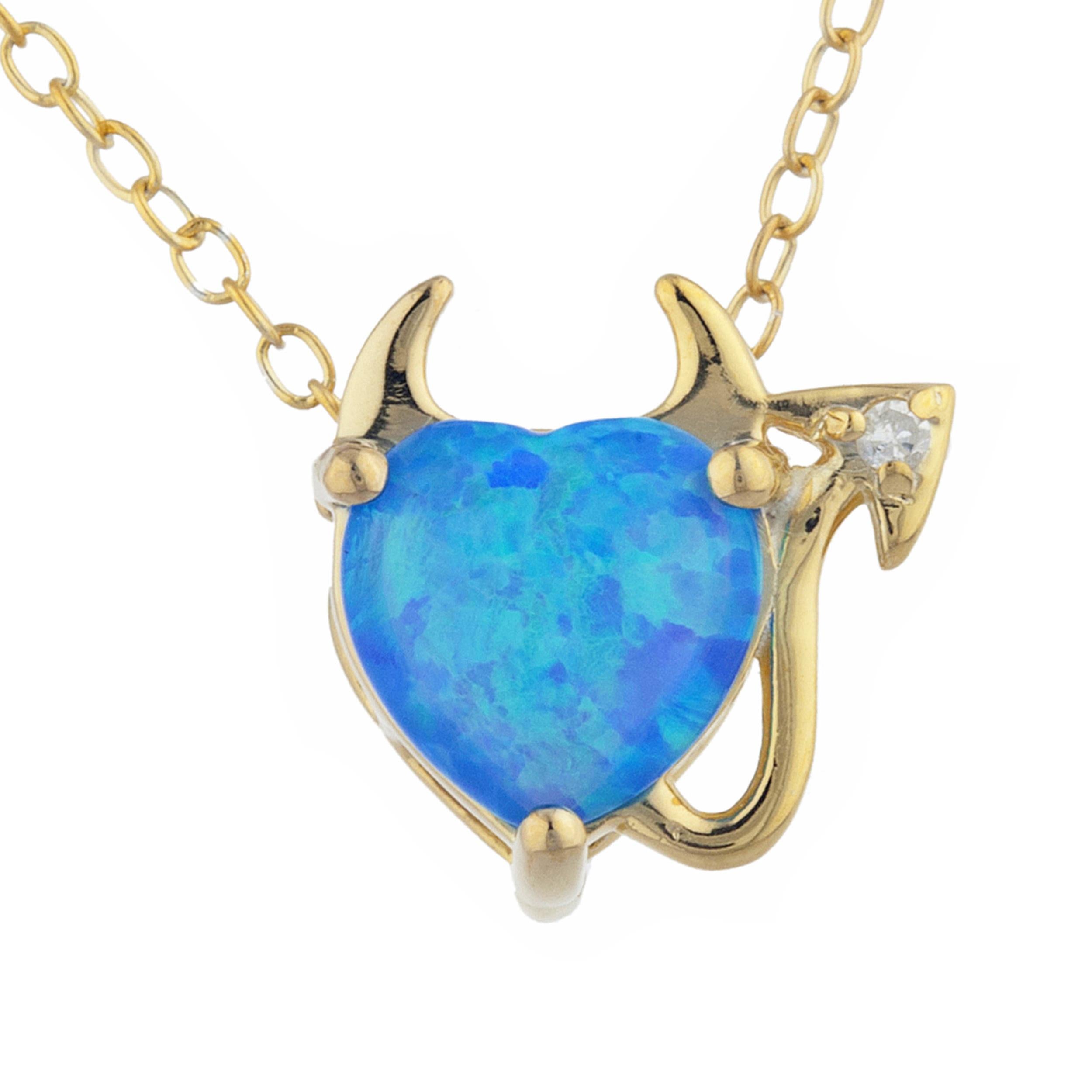 14Kt Gold Blue Opal & Diamond Devil Heart Pendant Necklace