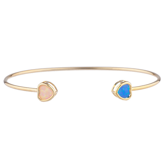 Blue & Pink Opal Heart Bezel Bangle Bracelet 14Kt Yellow Gold Plated Over .925 Sterling Silver