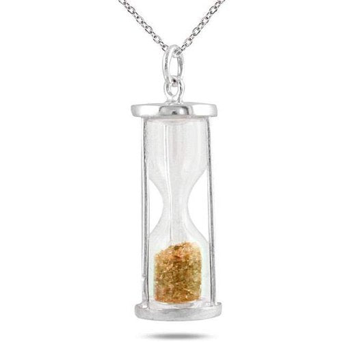 Natural Citrine 0.75 Ct 'Time in Bottle' Dust Hourglass Pendant .925 Sterling Silver