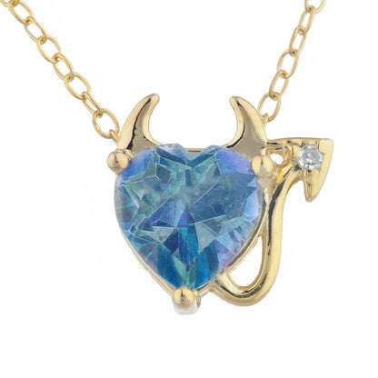 14Kt Gold 1.5 Ct Natural Blue Mystic Topaz & Diamond Devil Heart Pendant Necklace