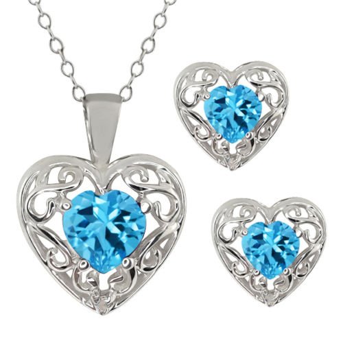 2 Ct Blue Topaz Heart Love Engraved Diamond Stud Earrings & Pendant .925 Ster...