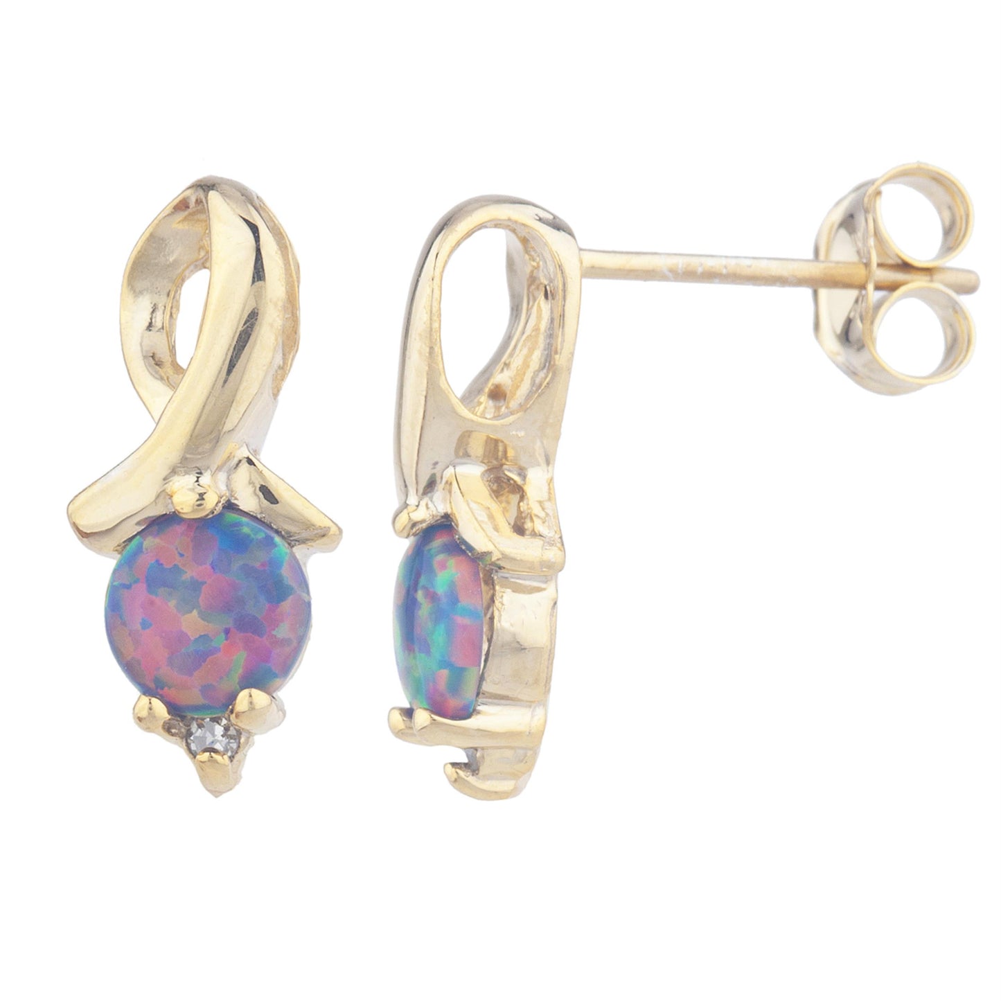 14Kt Gold Black Opal & Diamond Round Design Stud Earrings