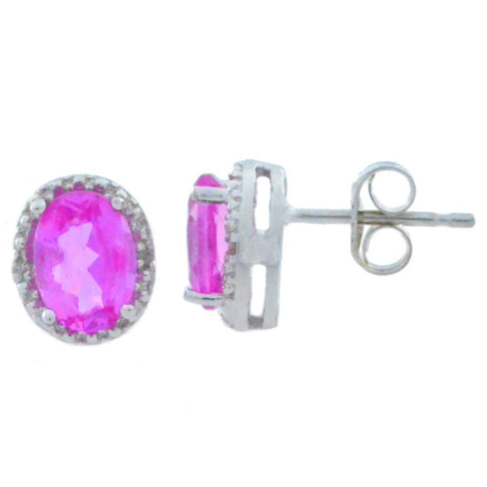 14Kt White Gold Pink Sapphire & Diamond Oval Stud Earrings