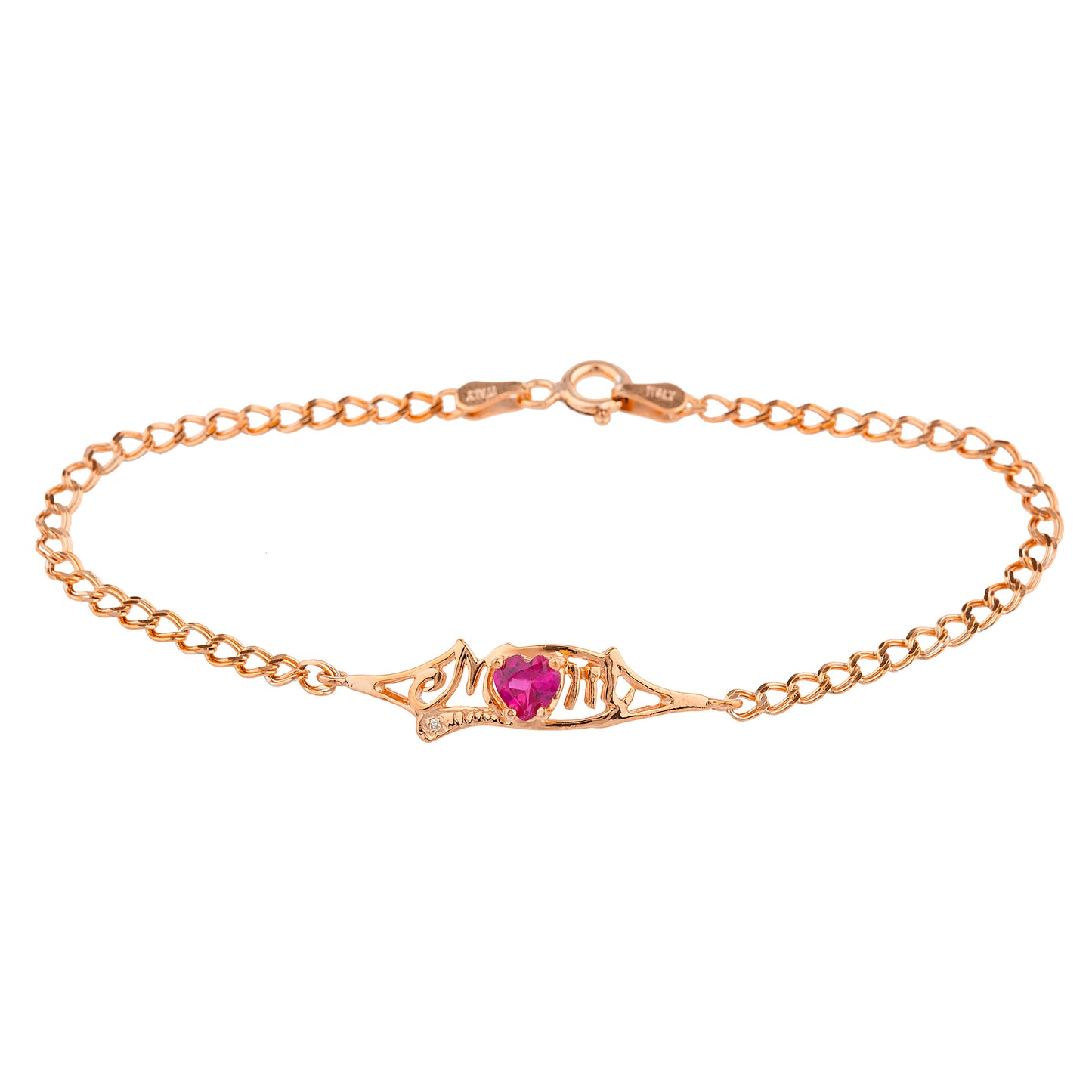 Created Ruby & Diamond Heart Mom Bracelet 14Kt Rose Gold Plated Over .925 Sterling Silver