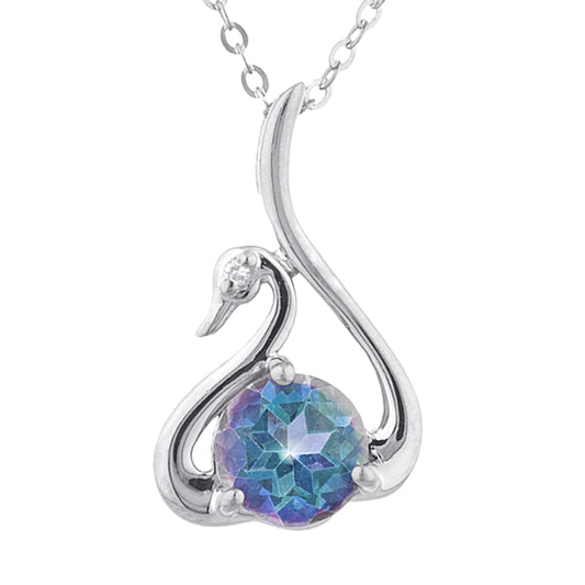 Natural Blue Mystic Topaz & Diamond Swan Pendant .925 Sterling Silver