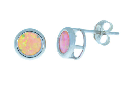 14Kt White Gold Pink Opal Bezel Round Stud Earrings