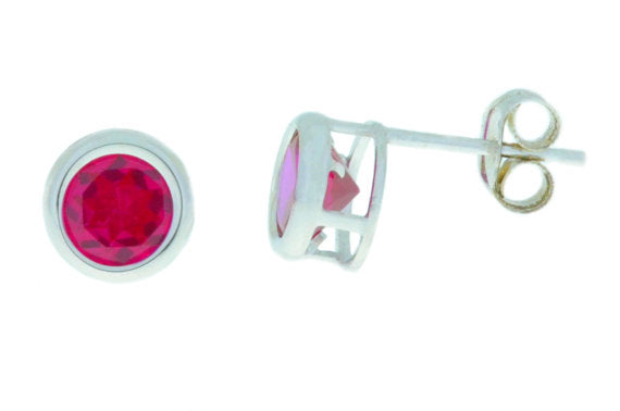 14Kt White Gold Created Ruby Bezel Round Stud Earrings