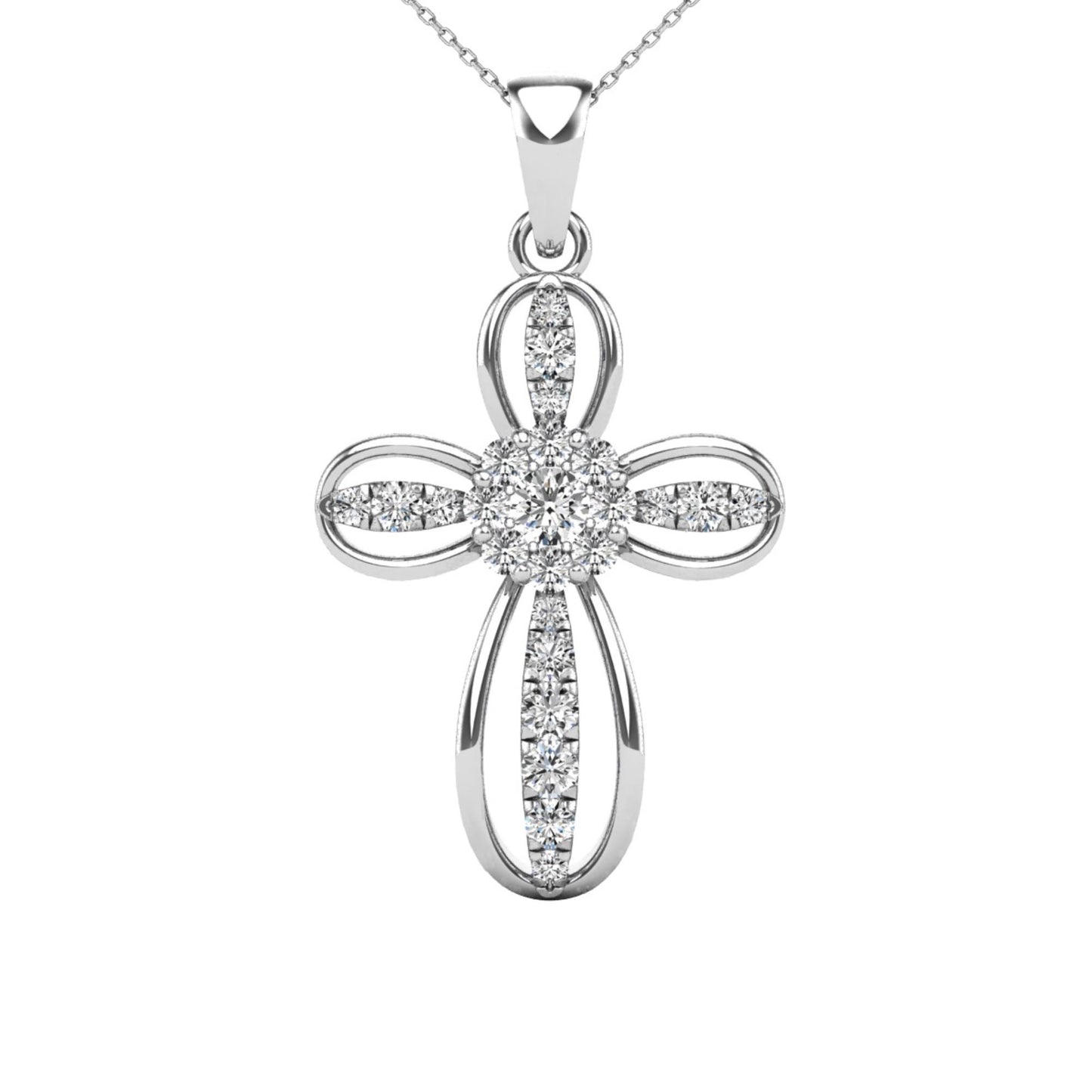 14Kt White Gold Genuine Natural Diamond Cross Pendant Necklace