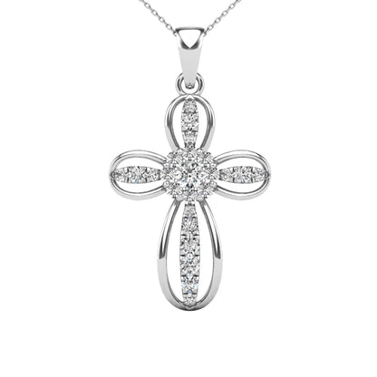 14Kt White Gold Genuine Natural Diamond Cross Pendant Necklace